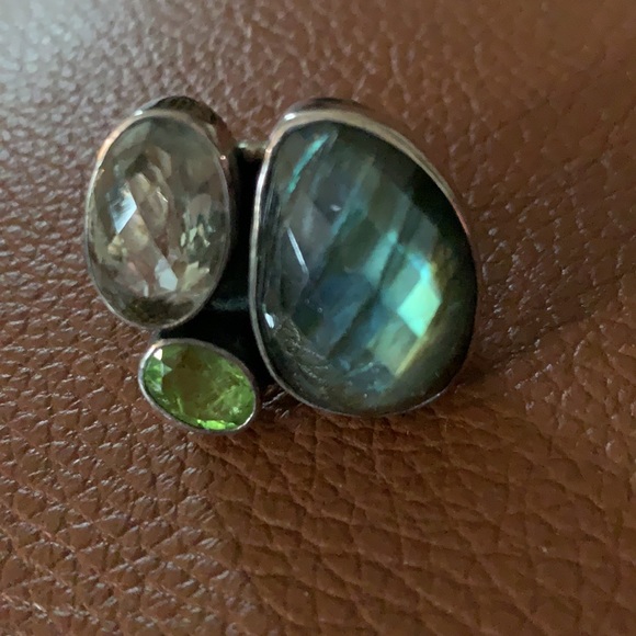 Green laboridite, peridot & quartz stone & sterling silver ring size 7 - Picture 1 of 3